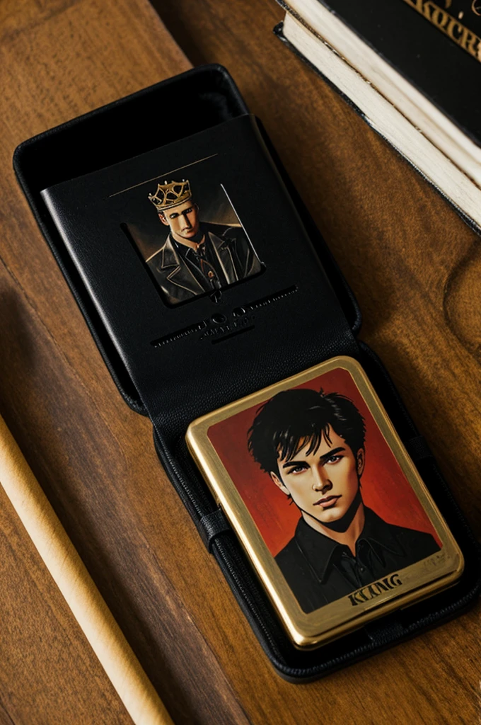 The boy sits in front of Chad and puts on a cigarette case with King of the Dark World written on it
