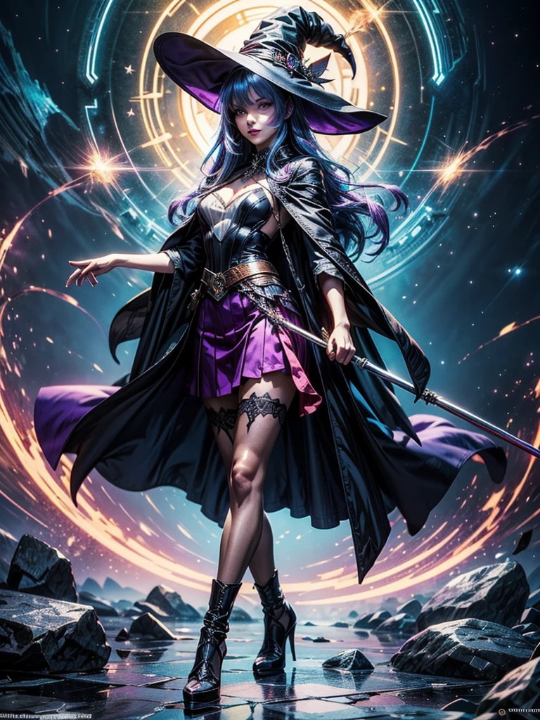 In the middle of so the storm on the stone field stand beatiful witch, she have a beautiful face with blue eyes shining purple lipstick and purple eye shadows, she have long blue hair with purple highlights, she dressed in black long coat short skirt high heels shoes and witch hat on her head , there is lighnings all around her, (ultra high quality fantasy art, anime fantasy style, masterpiece, ultra high quality character design, 8k quality anime art, realistic anime art, top quality wallpaper illustration, detailed ultra high quality accurate face, high quality design and accurate physic)