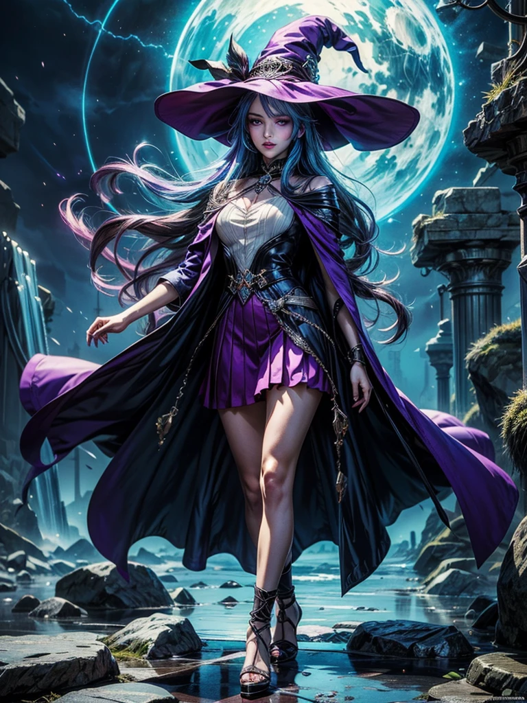 In the middle of so the storm on the stone field stand beatiful witch, she have a beautiful face with blue eyes shining purple lipstick and purple eye shadows, she have long blue hair with purple highlights, she dressed in black long coat short skirt high heels shoes and witch hat on her head , there is lighnings all around her, (ultra high quality fantasy art, anime fantasy style, masterpiece, ultra high quality character design, 8k quality anime art, realistic anime art, top quality wallpaper illustration, detailed ultra high quality accurate face, high quality design and accurate physic)