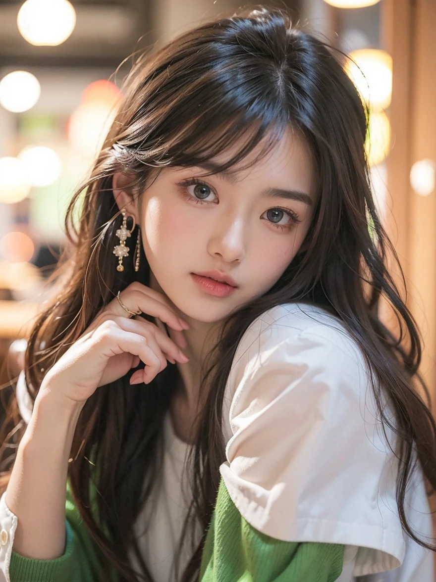 Beautiful Japanese waifu, brunette hair, flower earrings, green sweater and white shirt