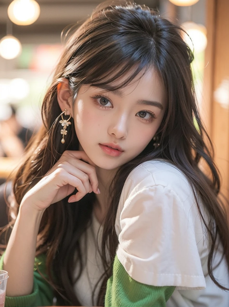 Beautiful Japanese waifu, brunette hair, flower earrings, green sweater and white shirt