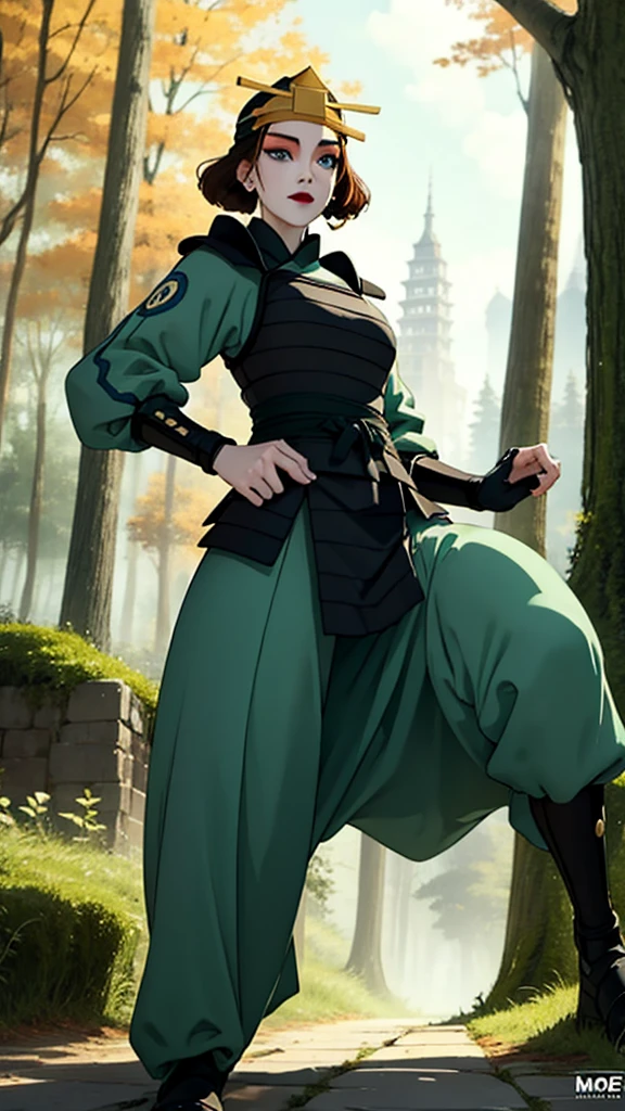 (masterpiece, best quality, high resolution: 1.4), 1 girl, dinamic pose, fully clothed body, modesty, front, tall woman, (masterpiece), (best quality), (ultra high resolution), 1 girl ,rocks, trees, plants, brown hair, blue eyes, kyoshi warrior, makeup, lipstick, headband, green suit, smile, look at viewer, masterpiece, best quality, high quality, extremely detailed CG unity 8k wallpaper, digital illustration, trends, pastel colors, perfect fingers, perfect full body, extremely detailed.