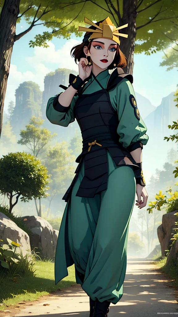 (masterpiece, best quality, high resolution: 1.4), 1 girl, dinamic pose, fully clothed body, modesty, front, tall woman, (masterpiece), (best quality), (ultra high resolution), 1 girl ,rocks, trees, plants, brown hair, blue eyes, kyoshi warrior, makeup, lipstick, headband, green suit, smile, look at viewer, masterpiece, best quality, high quality, extremely detailed CG unity 8k wallpaper, digital illustration, trends, pastel colors, perfect fingers, perfect full body, extremely detailed.