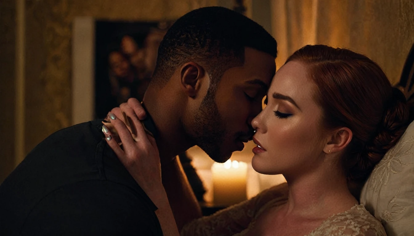 Camryn Grimes and a handsome African American male whose facial features are a combo of Nathan Mitchell + Charles Michael Davis share a steamy kiss inside a bedroom lit only by candlelight. Camryn has lovely makeup on her face. Nighttime. Romantic ambiance. Symmetrical eyes. Symmetrical faces. Lovely details. Photorealistic. Full-colored photo. Professional photo. Highly detailed 8K.