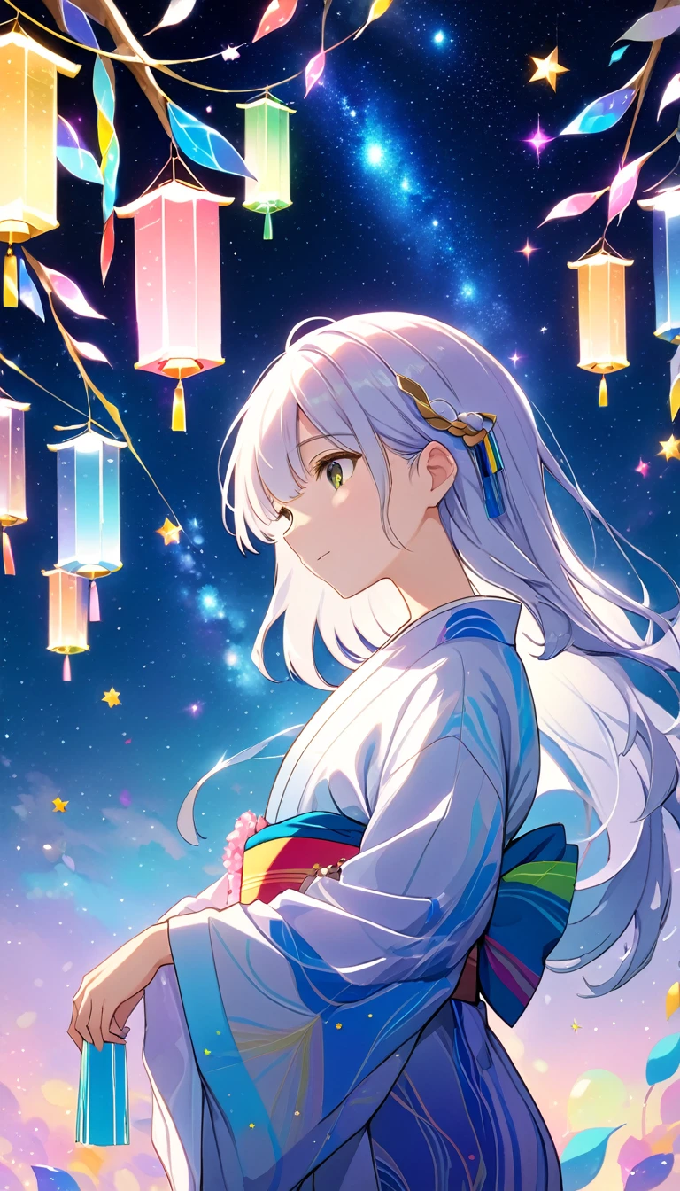The girl's profile in a yukata was as beautiful and sparkling as the starry sky.
When I looked up, the Milky Way was in a straight line above my head, and the stars Altair and Vega on the opposite bank were shining even brighter as if in unison.
Tonight is Tanabata.
A day when lovers rejoice in meeting each other and are filled with happiness.
ligne claire, detailed madeon, bestQuality, highresolution,(masterpiece, best quality:1.2), cute,(Woman of) unsurpassed beautyglitter background
Spectacular view
One beautiful girl in a thousand years