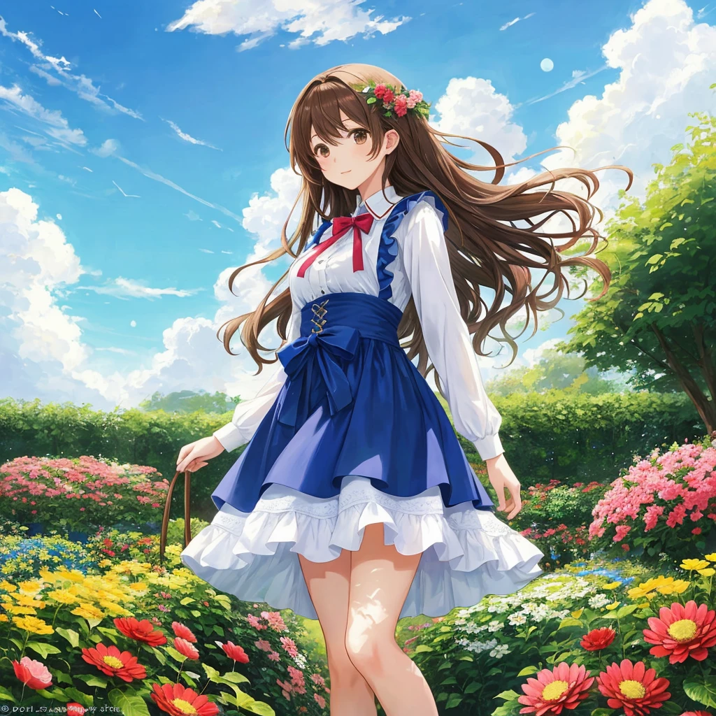 anime girl, beautiful 20 year old girl, Is standing, a beautiful flower garden, perfect lighting, blue sky with clouds, front view, Angle from below, wide, wavy brown hair, horse&#39;s tail, detailed eyes, turquoise eyes, Red lips, shy smile, blush, beautiful face, full and detailed body, BIG BREASTS, perfect breasts, delicate hands, navy blue lolita dress with ruffles, her skirt is blown up completely by the wind, Fully exposed panties, pink lace panties, elegant sneakers, blue sneakers, greeting the viewer 
