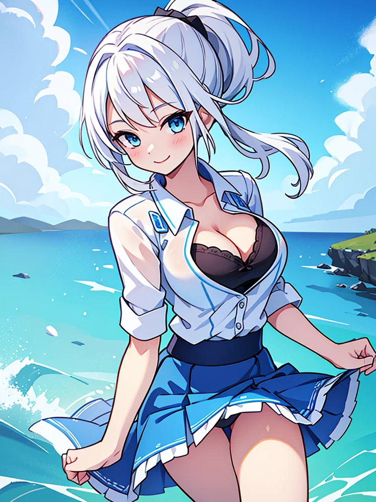 pretty,sexy,wind,white hair,ponytail,blue clothes,Blue Eyes,Adult,busty,skirt,cleavage visible,smiling face