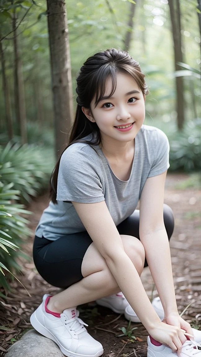masterpiece, best quality, Surreal, Ultra Detailed, 8k resolution, RAW photos, Clear focus, (A girl in the forest), ((light gray shirt:1.1)), Short sleeve, sports Shorts,Full body posture, Solitary, Perfect body, Become a, Bangs to eyebrows、Beautiful brown hair、Beautiful and delicate eyes、Brown eyes、Raise an eyebrow、High Nose、Small nostril、Little mouth、Tempting lips、Mouth slightly open、Beautiful breasts、Full body、Oval face, Both eyes, Both eyes皮, Long eyebrows, Long eyelashes, A faint smile, Perfect proportion、Perfect Anatomy、Perfect composition、32 inches in the chest,(a charming smile:1), (sexy pose),26 years old, light,White shoes
