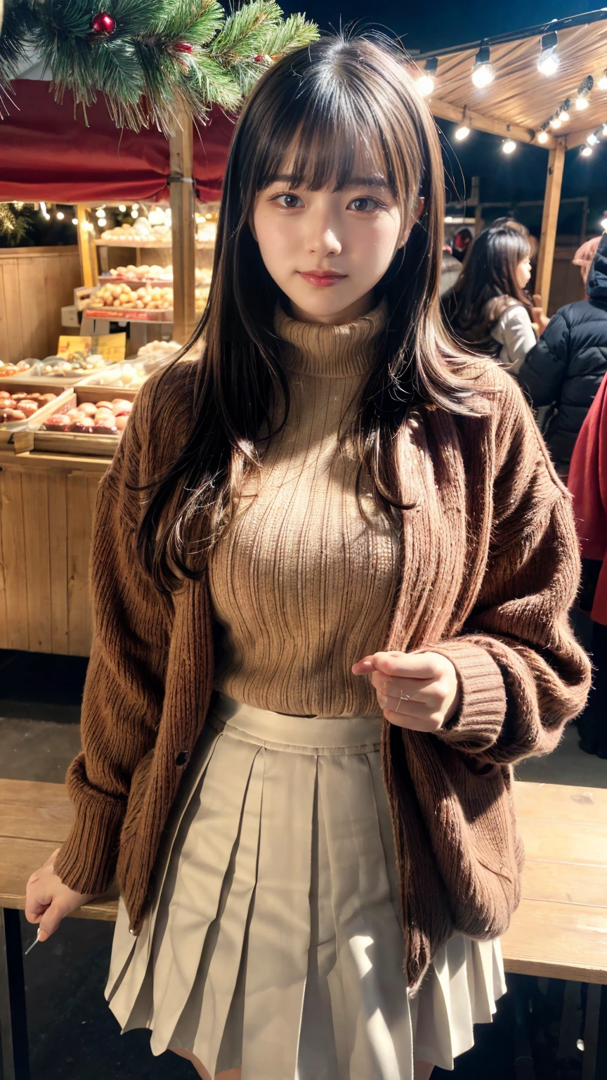 (8k,masterpiece, RAW photo,best quality:1.4),(photo realistic:1.2),(extremely detailed face),(shiny skin),(detailed skin),(detailed face),(extremely beautiful face),1girl,looking at viewer,Japanese idle(actress), brown hair,medium hair,straight hair,asymmetrical bangs,smile,glamor,large breasts, plumpy breasts, (Fleece jacket, turtleneck sweater, Pleated skirt:1.2), christmas market,high position,professional lighting