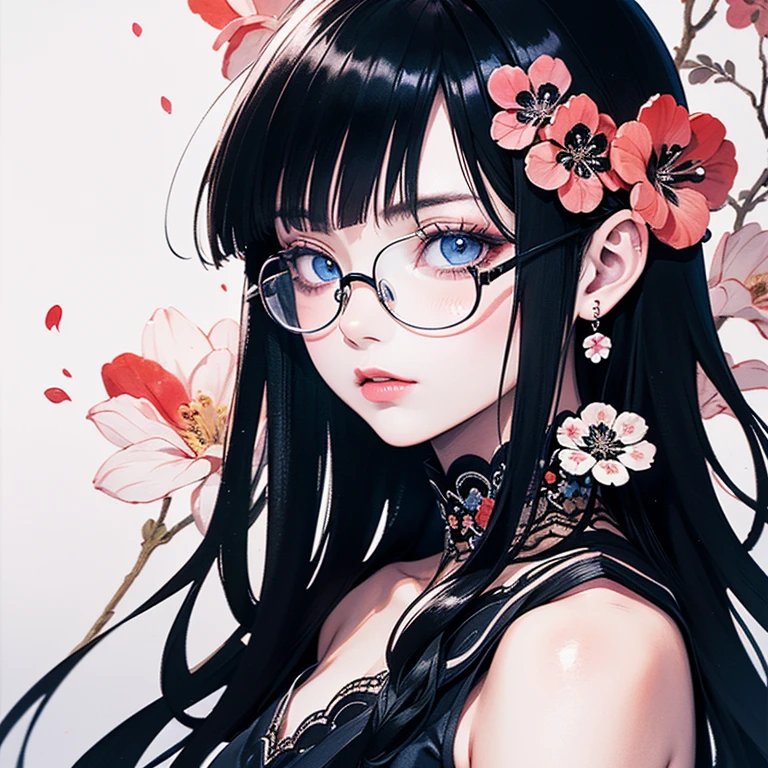 (masterpiece),(Highest quality:1.2),(8K Anime),1 Girl,Beautiful and delicate blue eyes,(Beautiful silky black hair:1.2), black dress with flowers,(Realistic),Detailed skin, Unfairly Beautiful,((Ink painting floral background)),White Theme,Cinema Lighting,Body Shot,High Contrast,Glasses