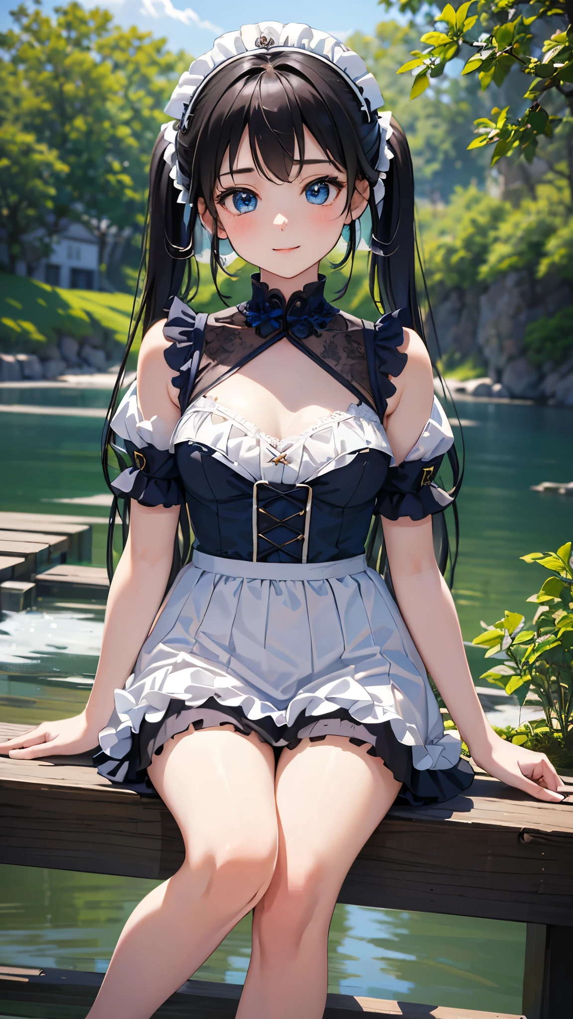 ((masterpiece)), ((highest quality、Ultra high definition)), (Very detailed),8K、Photo quality、((Amazingly cute girl)),(((14-year-old girl))), Two people, , (Beautiful emerald blue eyes), ((smile)),In the open-air bath overlooking the sea, Beautifully arranged black hair in twin tails、whole body、Cute lolita maid style swimsuit))、Professional Lighting、(White lace knee-highore detailed and beautiful)、(More details and cutenesore realistic)、(((Just wear light clothing)))、プールではしゃぐ、