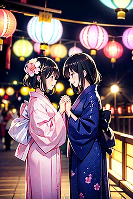 浴衣を着た大人のmalefemaleのカップル,laughing,A very happy smile,romantic,Two people meeting in love in a beautiful place,Tanabata,Black Hair_male,Black yukata_male,Straight Hair_male,Dark Chestnut Hair_female,Pale pink yukata_female,Floral Yukata_femaleの子,Flower Hair Ornaments_female,Beautiful views,Holding hands,Summer festival,night,Strip