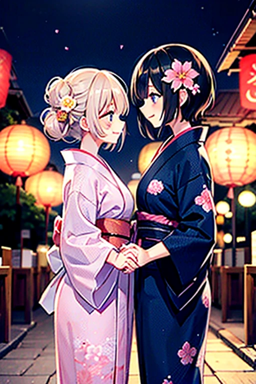 浴衣を着た大人のmalefemaleのカップル,laughing,A very happy smile,romantic,美しい場所で愛し合う会うmalefemaleの二人,Tanabata,Black Hair_male,Black yukata_male,Straight Hair_male,Dark Chestnut Hair_female,Pale pink yukata_female,Floral Yukata_female,Flower Hair Ornaments_female,Beautiful views,Two people holding hands,Walking,Summer festival,night