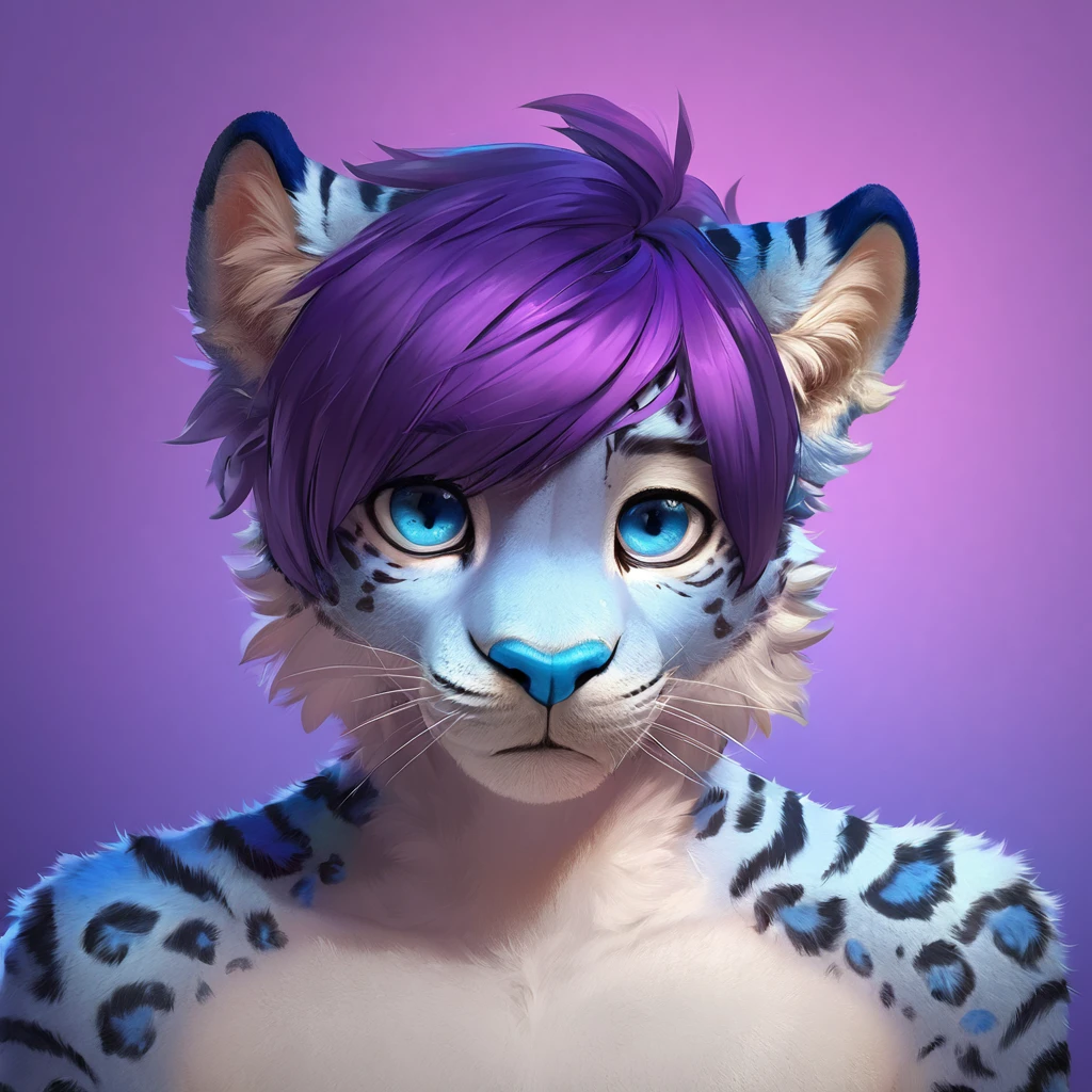 adult, feline, mammal, anthro, anthropomorphic, snow_leopard, striped_feline, fur, furred_anthro, femboy, male, bangs, ear_tufts, blue_nose, blue_fingers, hair_tuft, hair_between_eyes, fluffy, feline_ears, expressive_eyes, purple_hair, looking_at_viewer, blue_fur, shy, small_pupils, spotted_pattern, stripes, tiger_stripes, digital_art, high_resolution, high_res, detailed_face, high_quality, realistic_shading, vibrant_colors, soft_lighting, purple_blue_background, gradient_background, profile_picture, headshot, bust, close_up, portrait_mode