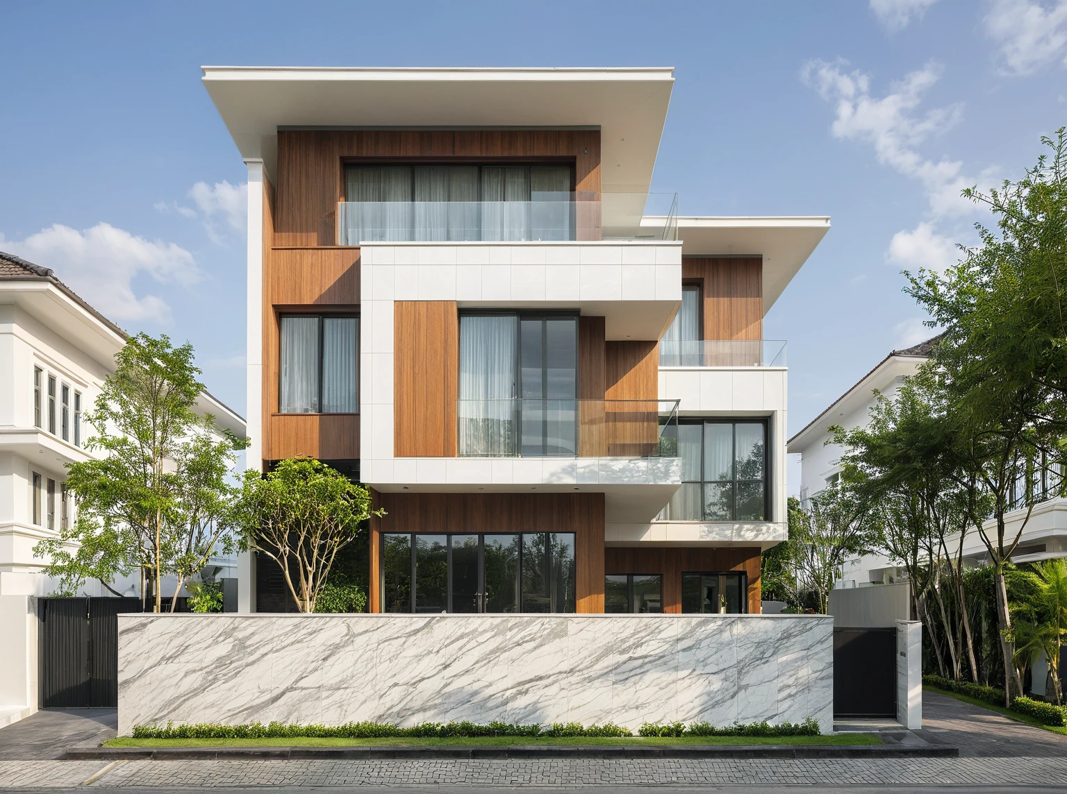 modern villa on street, (daylight), tropical tree, vivid colour, streetcapes, white tone, white wall, large glass door, warm interior lighting, wood and marble, best quality, 17ArchiAI_XL_VL-v1