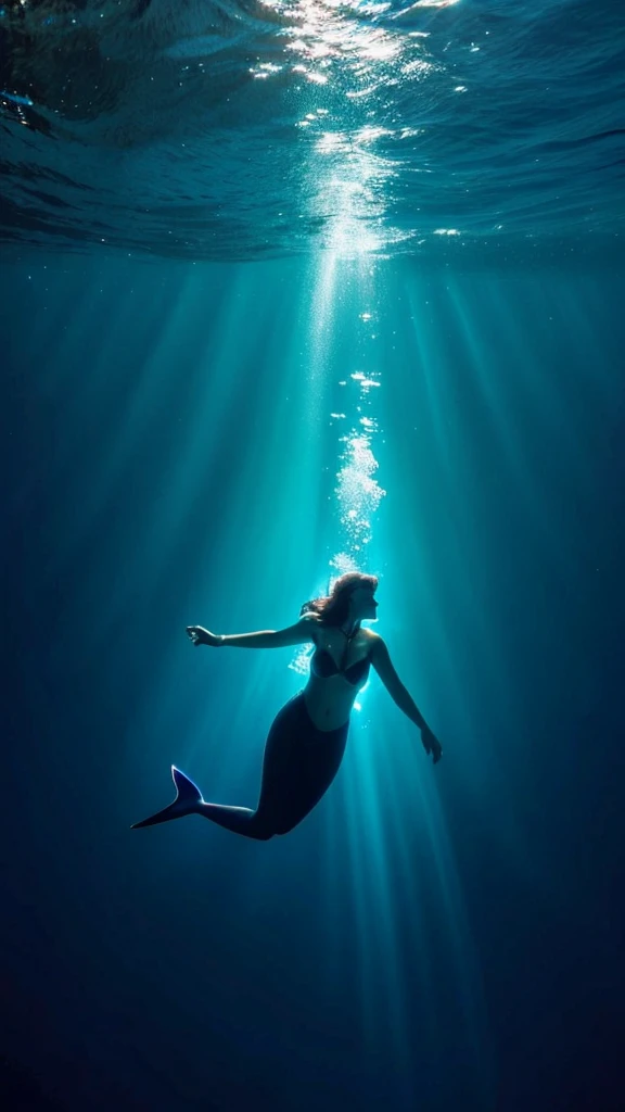 In a deep blue sea background, mermaid swim up the olympic flam with a torch in the left hand from the dark bottom of the deep ocean to the lighty surface.