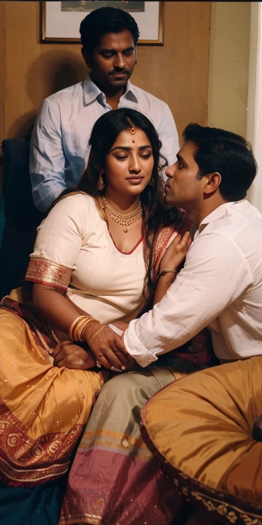 35mm film photography, A middle-aged Caucasian man with short dark hair tenderly embracing and kissing a young, curvaceous South Indian bride dressed in a traditional Indian dawani in a comfortable living room. A group of three Caucasian men observing the couple., high detail, split gradient colors background, full body image 