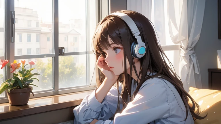 peaceful atmosphere, one brunette girl, headphone, room, big windows, looking out the window