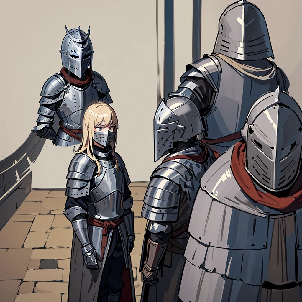 Best illustrations、Best Quality、((From the back)))、(whole body、detailed)、(Iron Mask、Iron Helmet、pocket)、(((Medieval Knight、Simple grey armor、male、Age 25)))、(((Get Ready)))、(Medieval Knightが10人)
