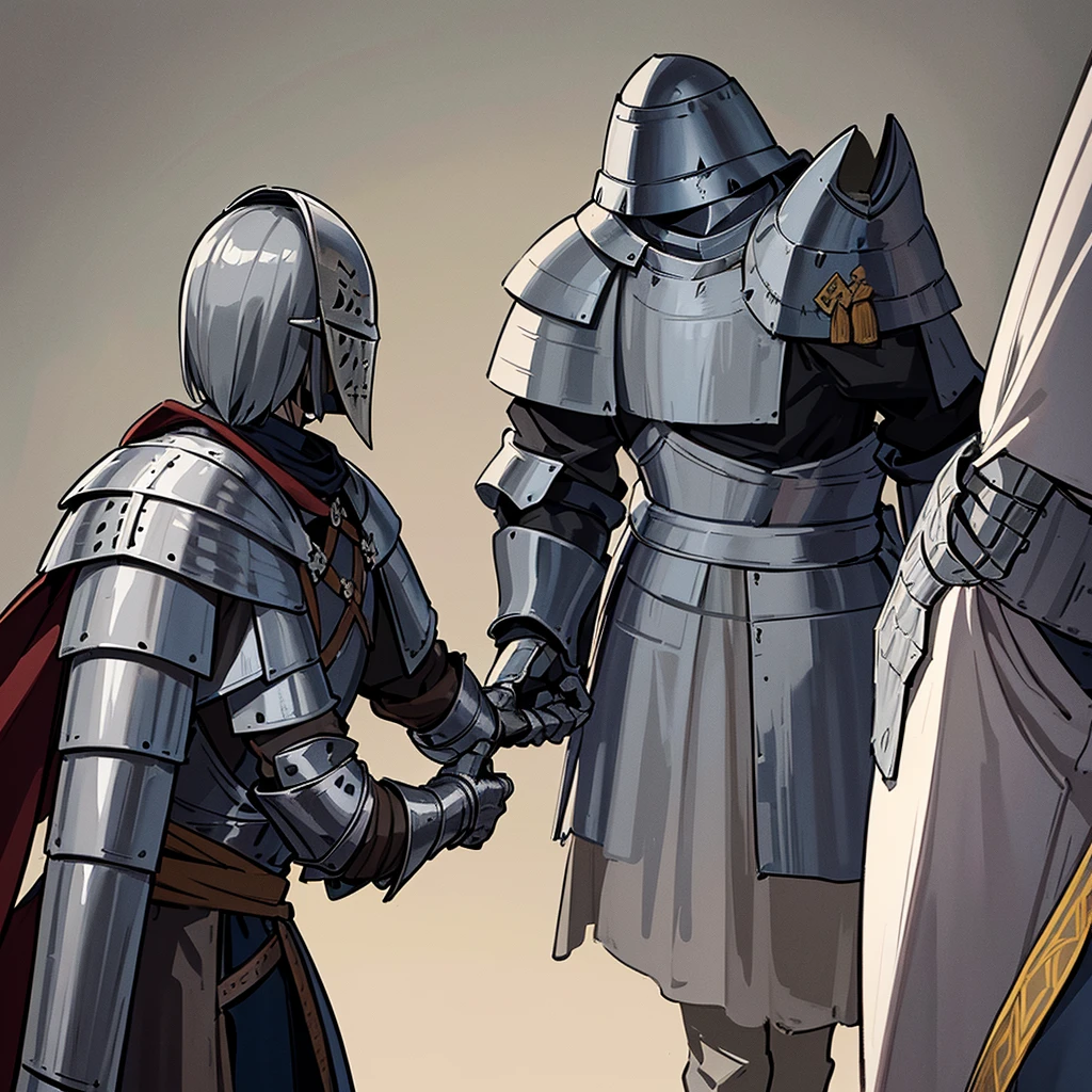 Best illustrations、Best Quality、((From the back)))、(whole body、detailed)、(Iron Mask、Iron Helmet、pocket)、(((Medieval Knight、Simple grey armor、male、Age 25)))、(((Get Ready)))、(Medieval Knightが10人)