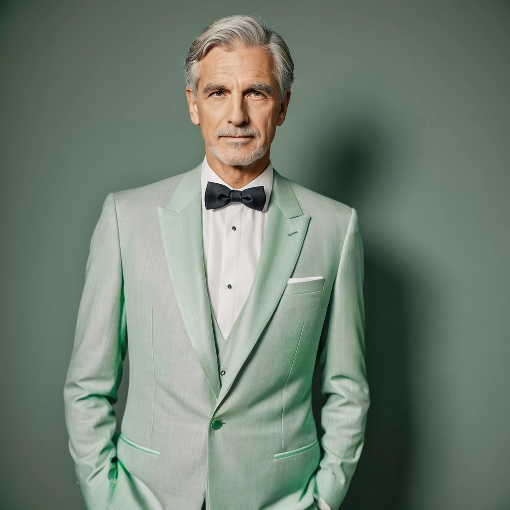 A smart, grey-haired man wearing an elegant, pastel green tuxedo suit　Upper Body　front　Late 50s～Early 60s Highest quality
