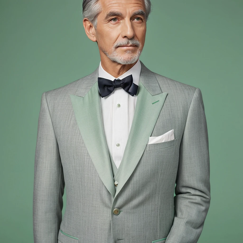A smart, grey-haired man wearing an elegant, pastel green tuxedo suit　Upper Body　front　Late 50s～Early 60s Highest quality
