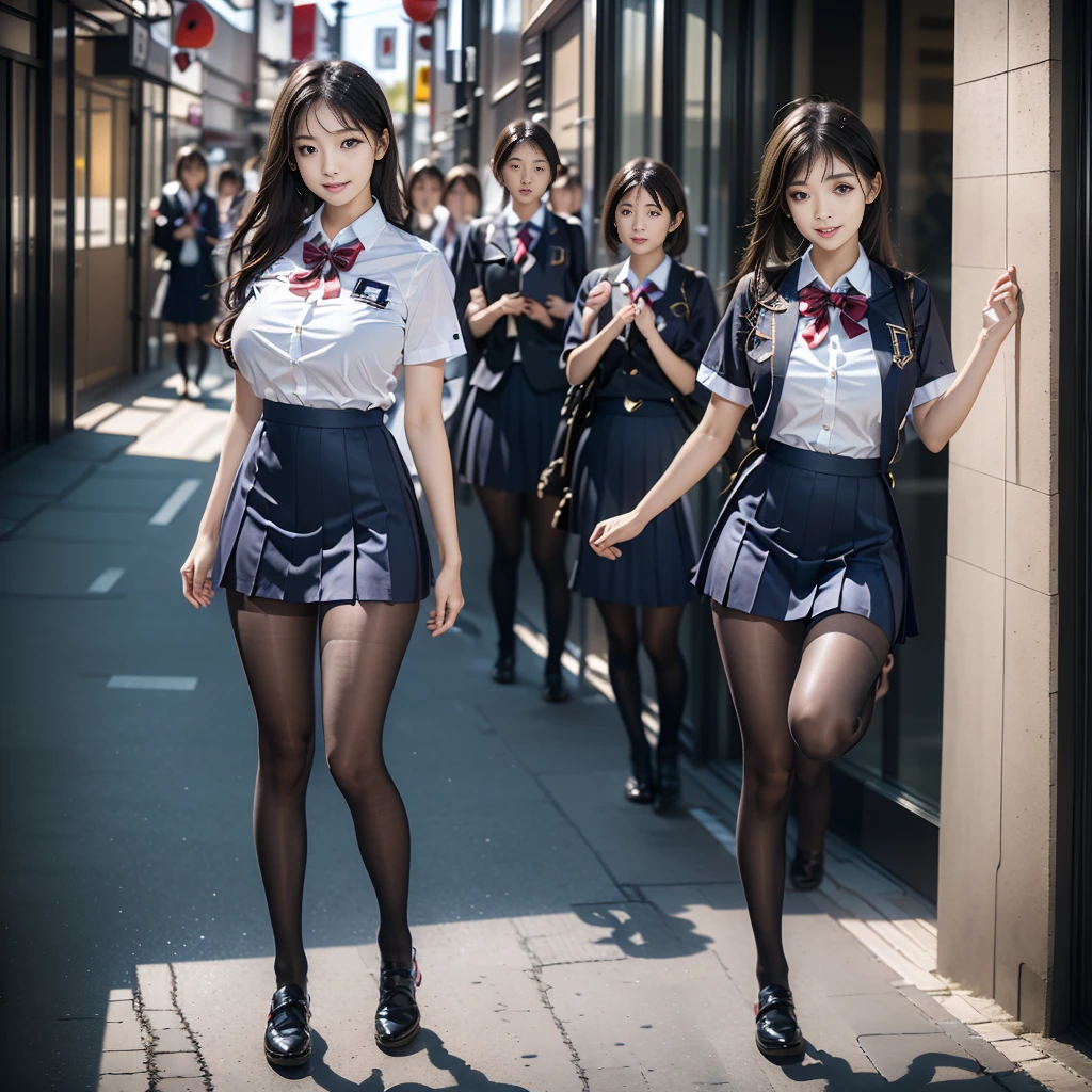 (((young Japanese girl jumping  wearing high school uniform))),(full body shot:2),  natural lighting, ultra sharp focus,huge breasts, ((beautiful face)), wearing pantyhose, wearing short sleeve, photo-realistic 