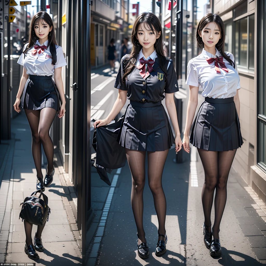 (((young Japanese girl jumping wearing high school uniform))),(full body shot:2), natural lighting, ultra sharp focus,huge breasts, ((beautiful face)), wearing pantyhose, wearing short sleeve, photo-realistic