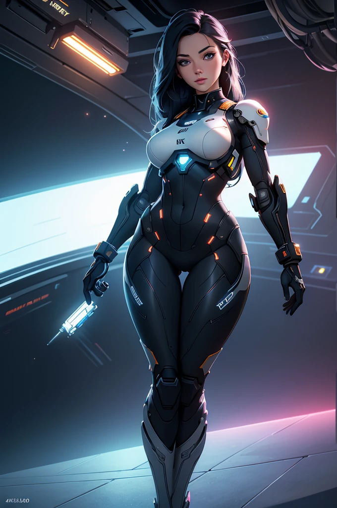 (ultra quality, 4k, 8k, high resolution, masterpiece: 1.2), ultra detailed, (realistic, photorealistic, photorealistic: 1.37) a young sexy and beautiful robot on a space station, 8k, ultra detailed, photorealistic, highly detailed, volumetric lighting, extremely detailed face and eyes, long eyelashes, upturned nose, full body, sexy, intricate details, concept art, vibrant colors, cinematic lighting, spectacular lighting, science fiction, futuristic, advanced technology, elegant design, seamless integration, meticulously crafted, masterpiece