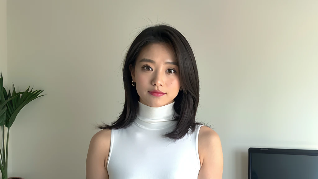 vivid,White furniture,chest,cute,Sleeveless and(turtleneck)White silky clothes,4K,Ultra-high resolution,(Photorealistic:1.7),(Detailed face),Black long hair,