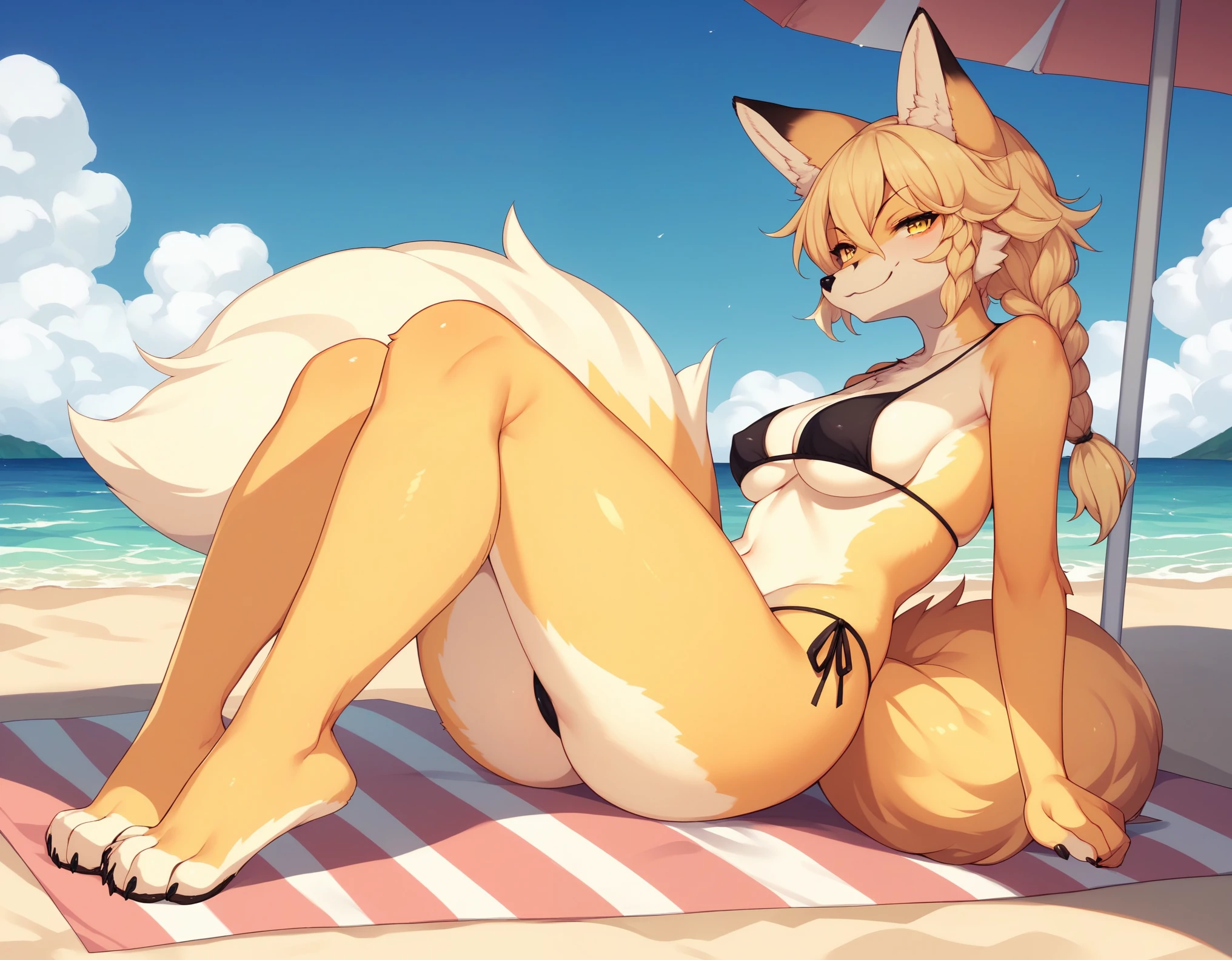 Solo, Score_9, score_8_up, score_7_up, source_cartoon, kemono style, An Anthro furry fox girl, tall slender body,  yellow furry body, yellow fox tail , black nose, blonde hair, braided hair, wearing black string thong bikini, yellow eyes, mouth open, smirking, outdoors, sunny day, at the beach, lying on the ground, lounging, seductive, side view, feet paws, four toes, 