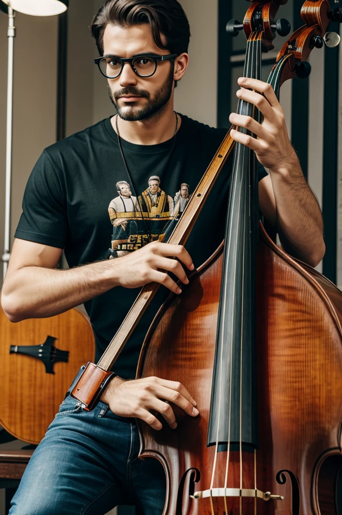 Man with gucci t-shirt and glasses playing double bass