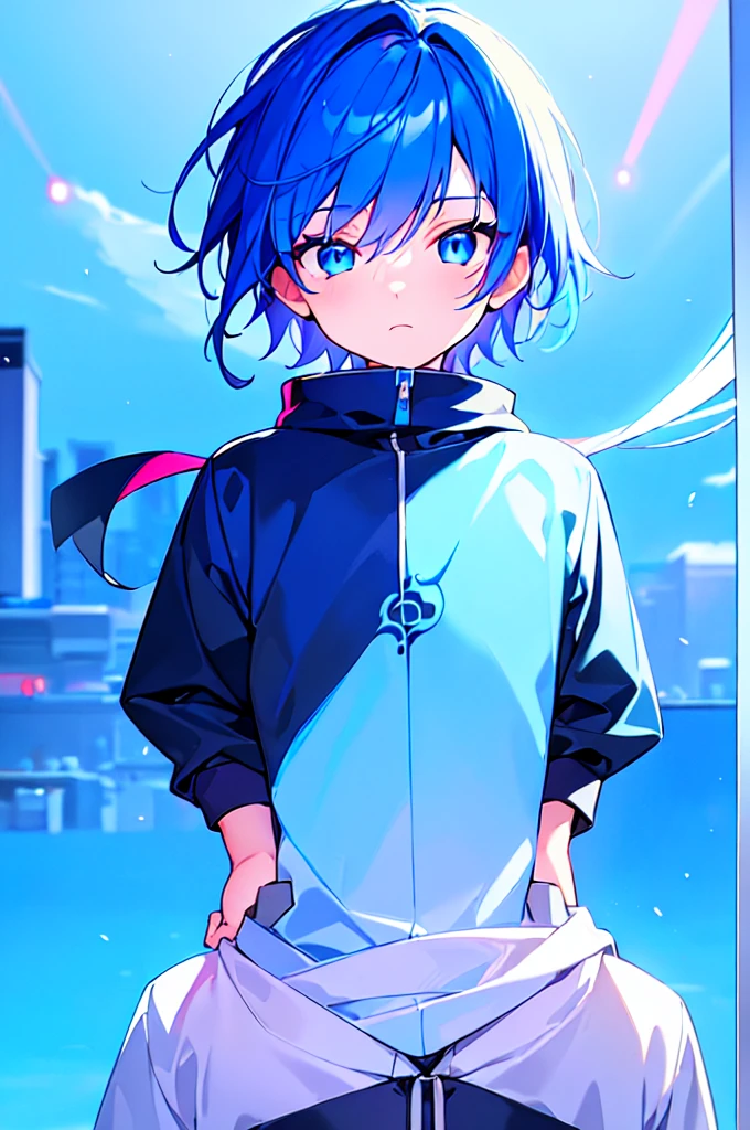 [(SKYBLUE BACKGROUND:1.5),::5], ((((masterpiece)))), high quality, ultra very high resolution, full color, (((solo))), ((little boy)), oriental Blue hair, (oriental blue eyes), anime, ((upper body)), neon light, black parka, 