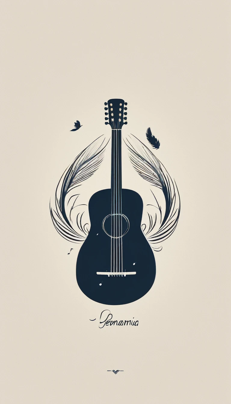 A minimal, modern, simple, cinematic logotype for the brand “Penamemoria". The logotype must be a simple, magical feather and a boy playing acoustic guitar. The logo must convey a sense of music, stories and dreams. Logo design impressed on a book cover. Minimalistic logo