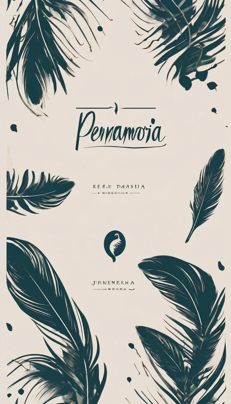 A minimal, modern, simple, cinematic logotype for the brand “Penamemoria". The logotype must be a simple, magical feather and a boy playing acoustic guitar. The logo must convey a sense of music, stories and dreams. Logo design impressed on a book cover. Minimalistic logo