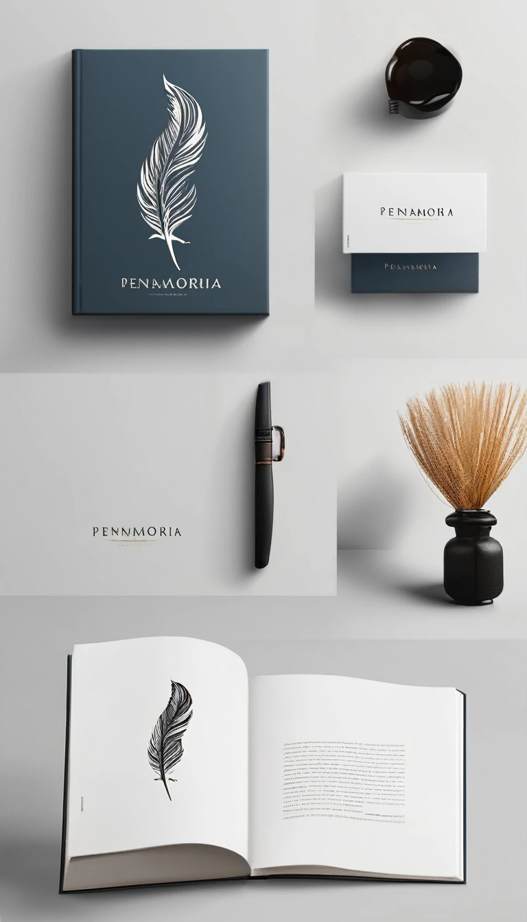A minimal, modern, simple, cinematic logotype for the brand “Penamemoria". The logotype must be a simple, magical feather and a boy playing acoustic guitar. The logo must convey a sense of music, stories and dreams. Logo design impressed on a book cover. Minimalistic logo