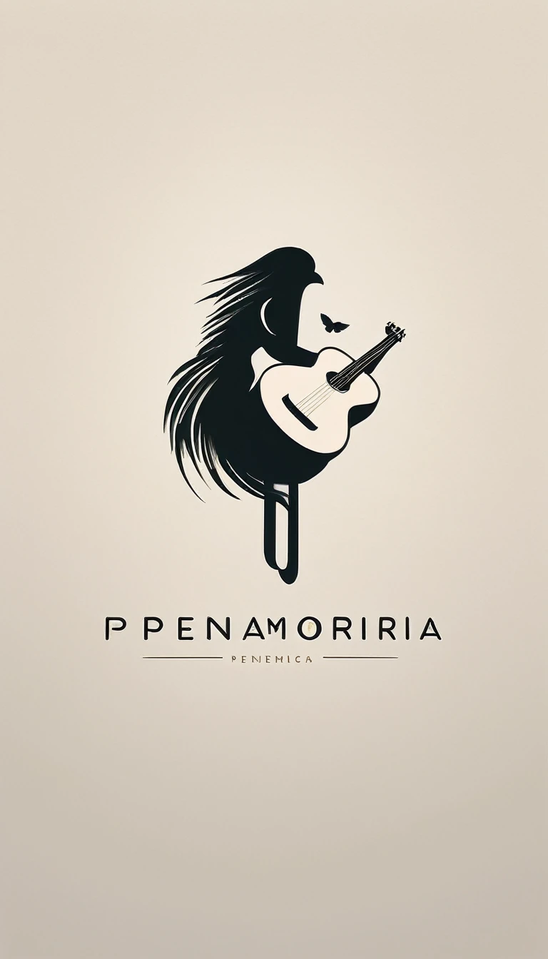 A minimal, modern, simple, cinematic logotype for the brand “Penamemoria". The logotype must be a simple, magical feather and a boy playing acoustic guitar. The logo must convey a sense of music, stories and dreams. Logo design impressed on a book cover. Minimalistic logo