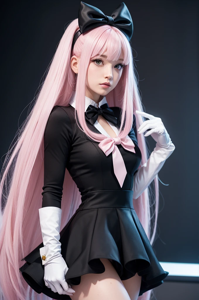 DC comics panel girl with long straight pink hair with bangs, with amber eyes,  21 years, with a white bow on his head,  wearing white gloves and a black minidress