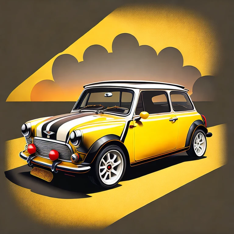 Art for t-shirt graphic design, a modern graphic design, classic Mini Cooper S , Street, bold yellow color, vintage pastel background, highly detailed cleanliness, vector image, masterpiece realistic, professional photograpy, realistic car, car sunrise background, plain black background, isometric, vibrant vector