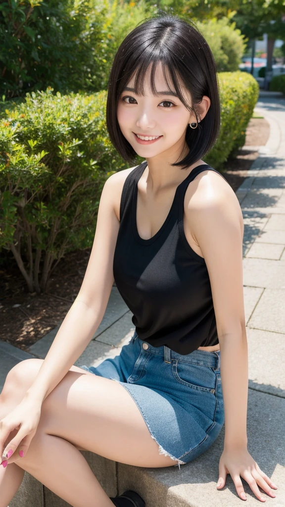 (8K, Photorealistic, Raw photo, Highest quality: 1.4),Japanese idol-style beautiful girl,1 person,18-year-old,(Short Bob),(Black Hair :1.1),She has her hair tucked behind her ears,Clear grey eyes,Long eyelashes,(piercings(small)),(Lip gloss),lips(Plump,glossy),thin long neck,(Sleeveless shirt(Transparency)),(flare skirt(Transparency)),pumps,Park Trails,Date with boyfriend,Smiling at the camera,Full body portrait