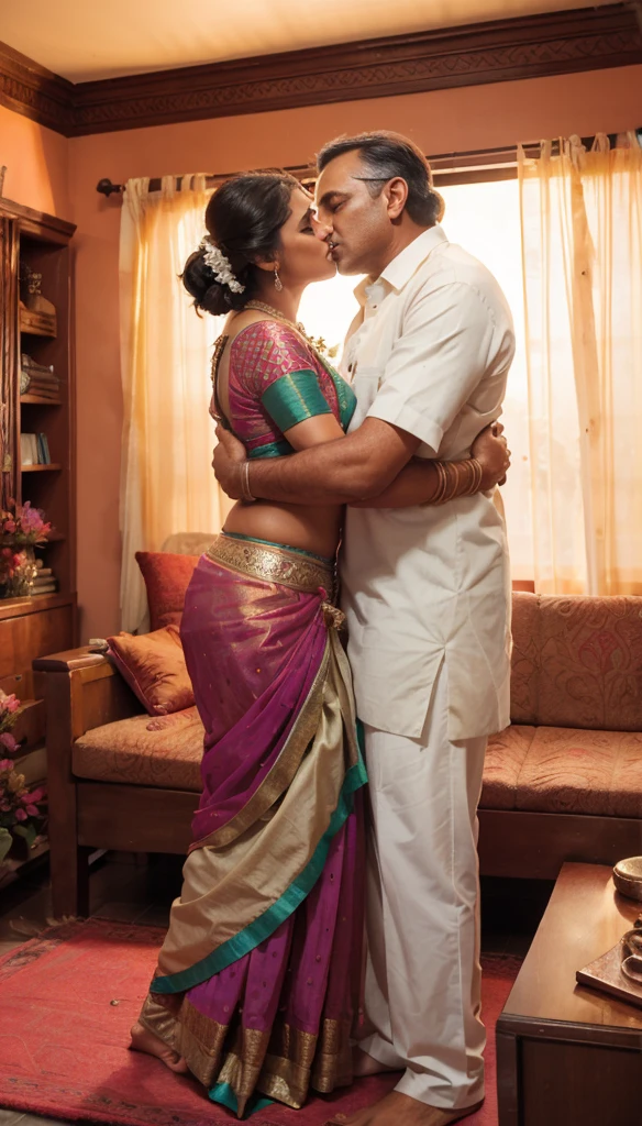 35mm film photography, A middle-aged Caucasian man with short dark hair tenderly embracing and kissing a young, curvaceous South Indian bride dressed in a traditional Indian dawani in a comfortable living room. A group of three Caucasian men observing the couple., high detail, split gradient colors background, full body image 