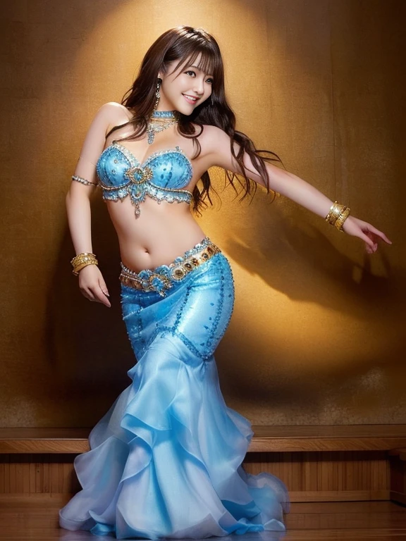 Photo-realistic quality、ステージ上で透けているドレスを着てBelly danceを踊る日本人アイドル, Belly dance, She is dressed as a belly dancer, gracefully Belly dance pose, Full Body Shot, Beautiful slim Japanese model、Narrow waist、Detailed and beautiful eyes、Cute smile、A soft and gentle look