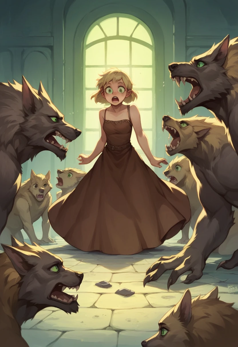 werewolf girl, inn room, high fantasy, shocked and amazed, hair down, blonde hair, young, simple white and brown dress, green eyes, medium breasts, pile of dust on floor