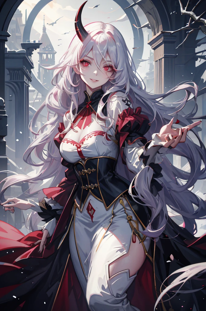 (very delicate, Masterpiece, Excellent lighting and shadows, HD wallpaper 8K), woman, Pale white skin, Pink cheeks, Plump lips, red eyes, The whites of the eyes are black, sharp eyes, Long hair with curls at the ends, snow white hair, evil smile, Shark Teeth, Wear medieval French clothing, Holding a parasol, There's a demon horn., in hell