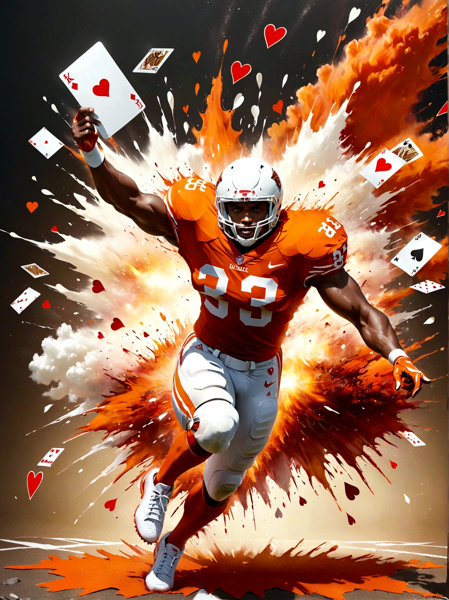 Imagine a strong and dynamic illustration，Depicts an American football player of white descent，Standing in front of a King of Hearts playing card，(He burst out of the King of Hearts playing card:1.5), The football player is wearing a white jersey，Decorated with orange stripes，The number 33 is prominently marked on the, He held the football tightly in a strong grip，Shows powerful action sequences, An impressive explosion effect appears around the player，Splashes of white and orange paint are visually distinctive，The result is a dramatic and impactful visual scene.。