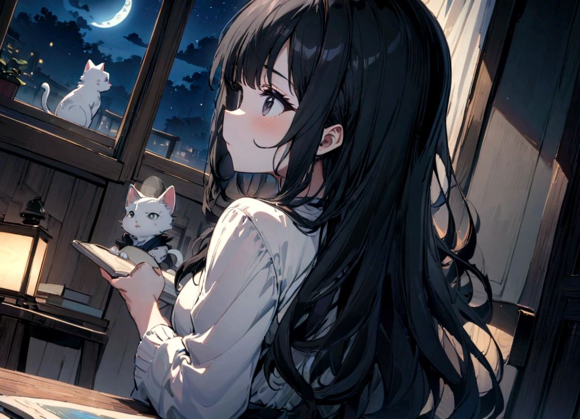 (((Beautiful))) (((masterpiece))) (((anime style))) women, black hair, long hair, black eyes, Reading books, clean room, sitting near window, ((a white furry cat on table)), moon, ((night)), 8k, ultra HD, (((side angle shot)))