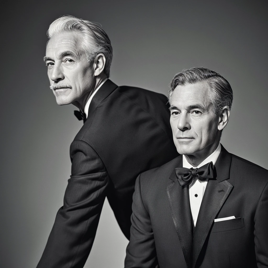 A smart, grey-haired man wearing an elegant, black tuxedo suit Upper Body front Late 50s~Early 60s Highest quality