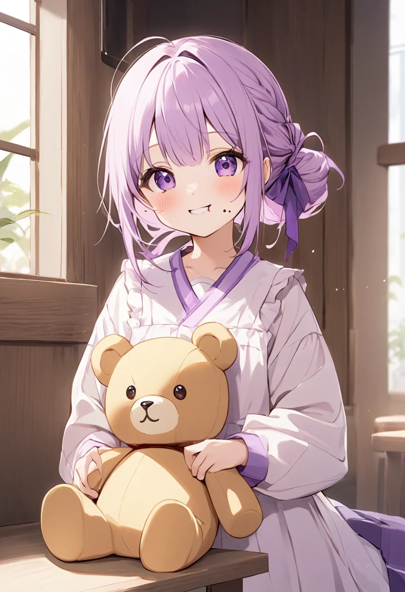 。3 years old。。Milk tea colored hair。Purple Iro no Hitomi。A mole on the mouth。Hair tied loosely。smile。Gentle atmosphere。Have a stuffed bear、