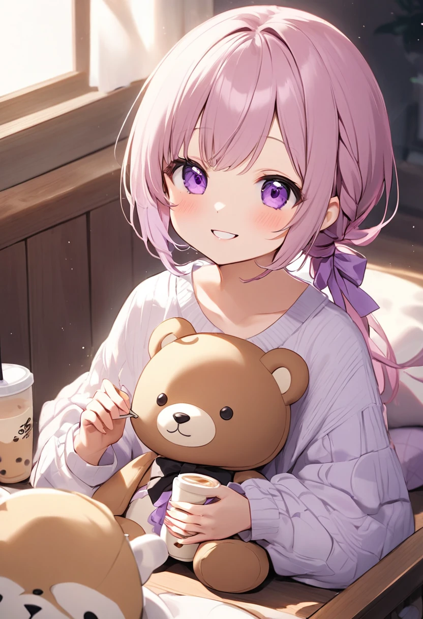 。3 years old。。Milk tea colored hair。Purple Iro no Hitomi。A mole on the mouth。Hair tied loosely。smile。Gentle atmosphere。Have a stuffed bear、