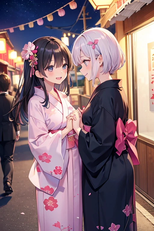 浴衣を着た大人のmalefemaleのカップル,laughing,A very happy smile,romantic,Two people meeting in love in a beautiful place,Tanabata,Black Hair_male,Black yukata_male,Straight Hair_male,Dark Chestnut Hair_female,Pale pink yukata_female,Floral Yukata_femaleの子,Flower Hair Ornaments_female,Beautiful views,Holding hands,Summer festival,night,Strip